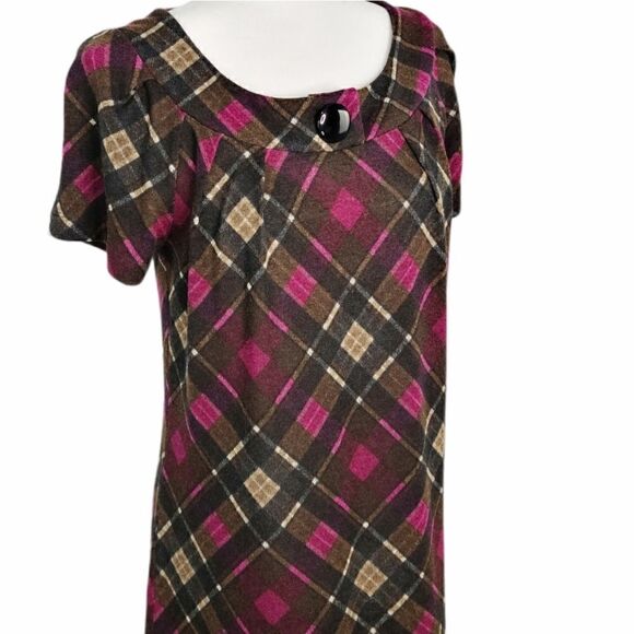 AGB Plaid Pink Brown Black Sheath Dress Crew Neck Short Sleeve Button Women’s 6 - Picture 7 of 13